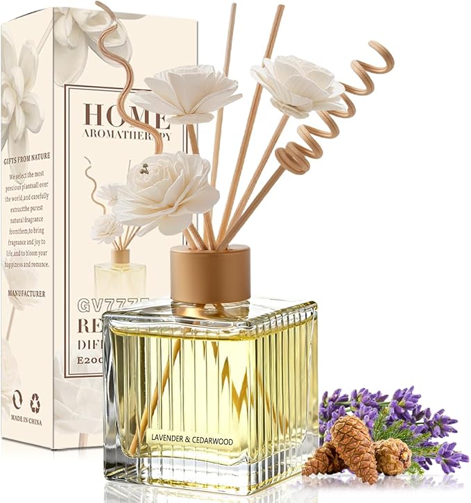 Lavender & Cedarwood Reed Diffuser - 6.7 oz Glass Bottle with 4 Rattan Sticks, 3 Dried Flowers | Adjustable, Long-Lasting Scent for Home, Bedroom, Living Room, Office, Bathroom | Aromatherapy Gift