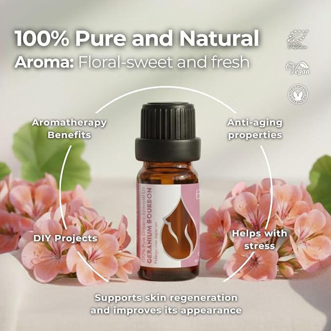 Essences Bulgaria Organic Geranium Bourbon Essential Oil 0.34 Fl Oz | 10ml | Pelargonium asperum | 100% Pure and Natural | Undiluted | Therapeutic Grade | Aromatherapy | Cosmetics | Cruelty Free