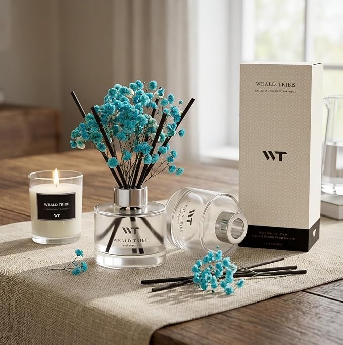 WEALD TRIBE Flower Reed Diffuser Set Ocean Series Moss & Sea Salt Scent For Bathroom Accessories Shelf Decor & Air Fresheners, Sticks Defusers With 5.1 fl oz Essential Oils, House Office Decor & Gifts