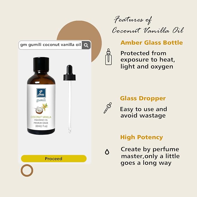 GM Gumili Coconut Vanilla Fragrance Oil, Perfume Oil, Home Scent Oils for Soaps, Candle Making, Dryer Balls, Diffusers, Laundry, Slime -1 oz /30ml