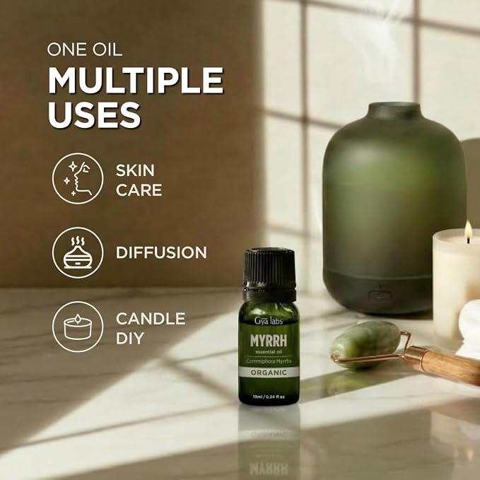Gya Labs Organic Myrrh Essential Oil - 0.34 Fl Oz - for Skin, Hair, Diffuser, Aromatherapy, DIY Candle Making Scents