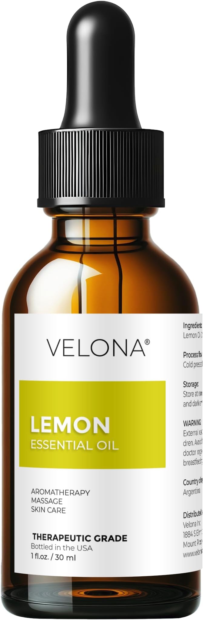 Lemon Essential Oil by Velona - 1 Fl Oz | Therapeutic Grade | for Aromatherapy Diffuser, Massage, Skincare, Haircare, Soapmaking | Undiluted