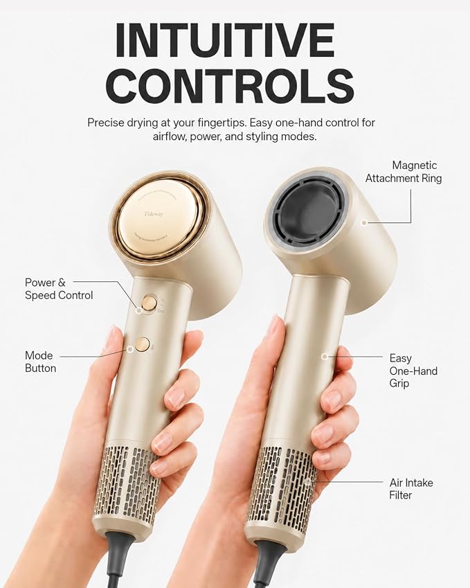 Tideway Hair Dryer Professional High-Speed Ionic Blow Dryer 110,000 RPM, Compact Hair Dryer with Magnetic Diffuser, Fast Drying with Brushless Motor Low Noise Smart Temperature Control-H11