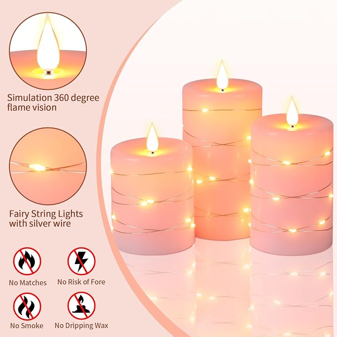 Upinmz Flickering Flameless Candles with Embedded String Lights, Battery Operated Candles with Remote Control and Timer,LED Candles for Home Decoration,Real Wax, 3 Pack Pink