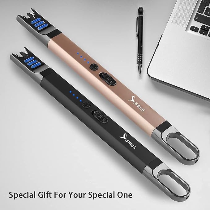 SUPRUS Candle Lighter Electric Arc Lighter Windproof Flameless USB Rechargeable Lighter with LED Light for Candle Camping BBQ Cooking (Black+Champagne Gold)