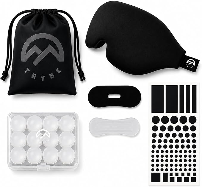 Trybe Sleep Kit, Sleep Mask, Ear Plugs, Nose Strips, and Light Covers for Travel. Sleep kit Bag and Breath and Sleep Guide for Travel, Hotels, Camping or Home (Sleep Kit) (Sleep Kit)