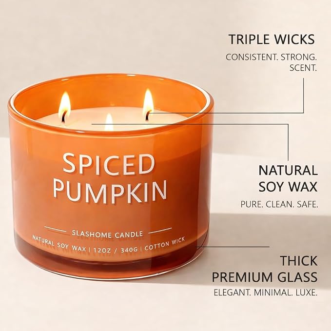 Pumpkin Spice Scented Candle, Luxury Large 3 Wick Soy Candle 12 Oz, 60+ Hour Long Lasting Clean Burn, Elegant Aromatherapy Home Decor, Housewarming & Birthday Gift for Men & Women