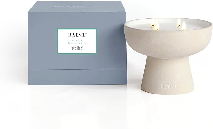 Blueme Focus Candle | Eucalyptus & Lime | 4 Wick - Refillable Wellness Candle with Essential Oils, Hand Finished & Poured Soy Wax Blend Ceramic Vessel, Natural Cotton Wicks | Large 24 oz