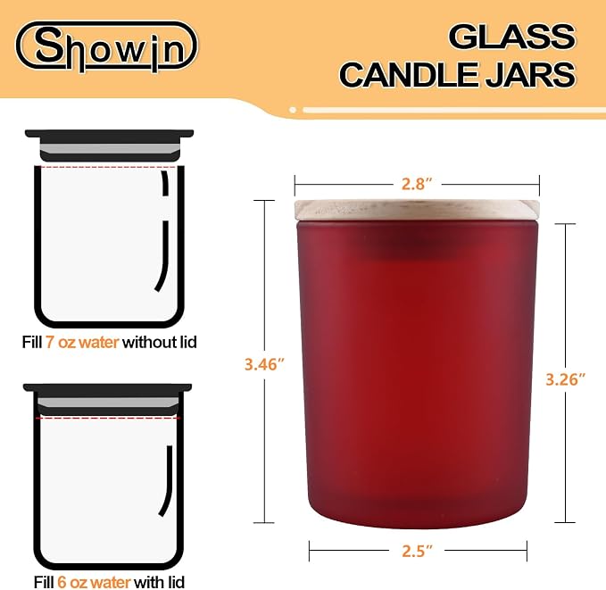 SHOWIN Thick Candle Jars for Making Candles 16 Pcs, 7 OZ Empty Jars with Wood Lids for Candle Making, Sample Container, Frosted Red