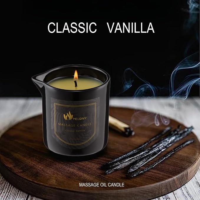 MELONY Massage Oil Candle for Pure Relaxation- 8.1 oz- Moisturizing Essential Oil Body Massage Candle for Home Spa- Amazing Gift for Women & Men (Classic Vanilla)