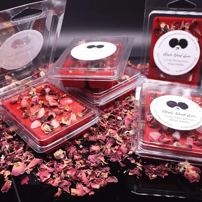 BlkGrlMagick Rose Quartz Self Love Manifestation Crystal Candle, Sea Salt and Orchid Scented Amazonite,Rose Petals, Hibiscus, Organic Soy Candles, Handmade, Black Owned Spiritual Gifts (8oz Tin)