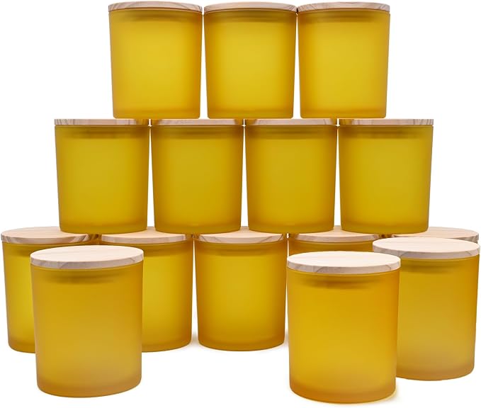 SHOWIN 10 OZ Thick Candle Jars for Making Candles 15 Pcs, Empty Jars with Wood Lids for Candle Making, Sample Container, Frosted Yellow