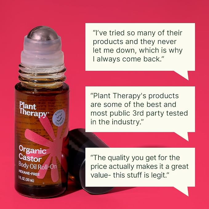 Plant Therapy Organic Castor Oil Roll On 30 mL (1 oz) Convenient Mess-Free Body Oil Roll-on for Easy Application, Cold-Pressed & Hexane-Free, Third-Party Tested for Purity