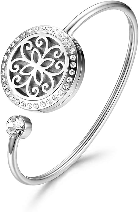 Cupimatch Adjustable Tree of Life Essential Oil Diffuser Bracelet, Stainless Steel CZ Aromatherapy Locket Bangle 8 Color Pads Jewelry Set for Women for Mother's Day
