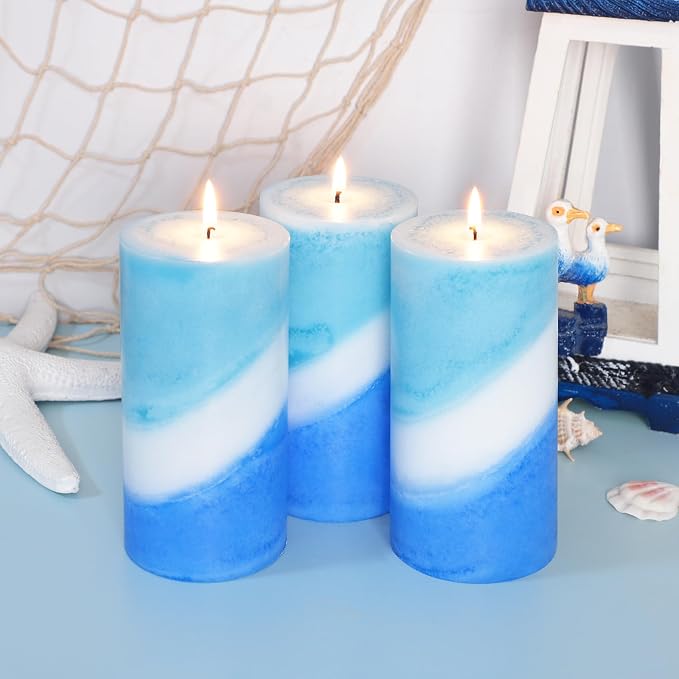 Crystal Club Ocean Scented Pillar Candle Set of 3, 70+ Hour Burning Time, 3X6 Inch Blue and White Candles, Ocean Breeze Scented Candles for Home Beach Decor