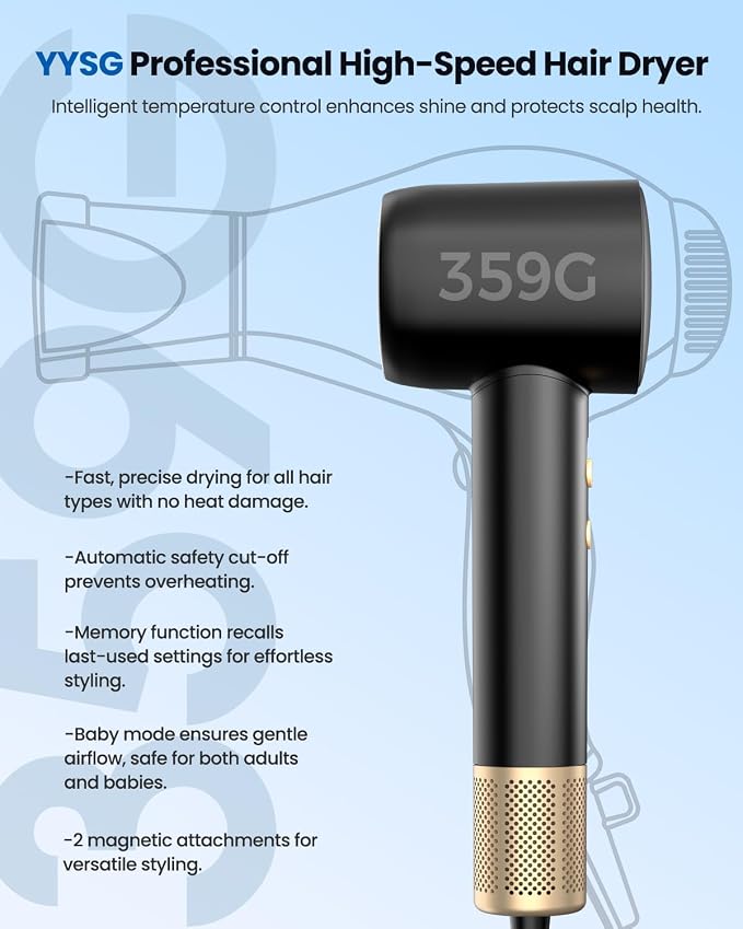 High Speed Hair Dryer, Professional Ionic Hairdryer with Brushless Motor for Fast Drying, Thermo-Control Quiet Hair Blow Dryer with Magnetic Diffuser for Women & Men, Home, Salon, Travel
