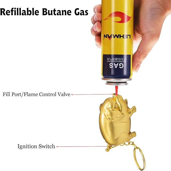 Creative Golden Pig Torch Lighter - Portable Gas Lighter with Adjustable Soft Flame, Refillable Butane for Outdoor & Indoor Use