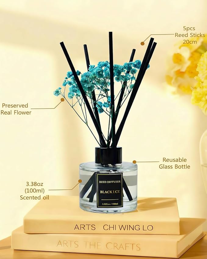 Reed Diffuser Set-Black Ice Scent Fragrance Oil Diffuser with 6 Reed Sticks | Home & Bedroom Bathroom Decor,3.38 fl oz (100ml)