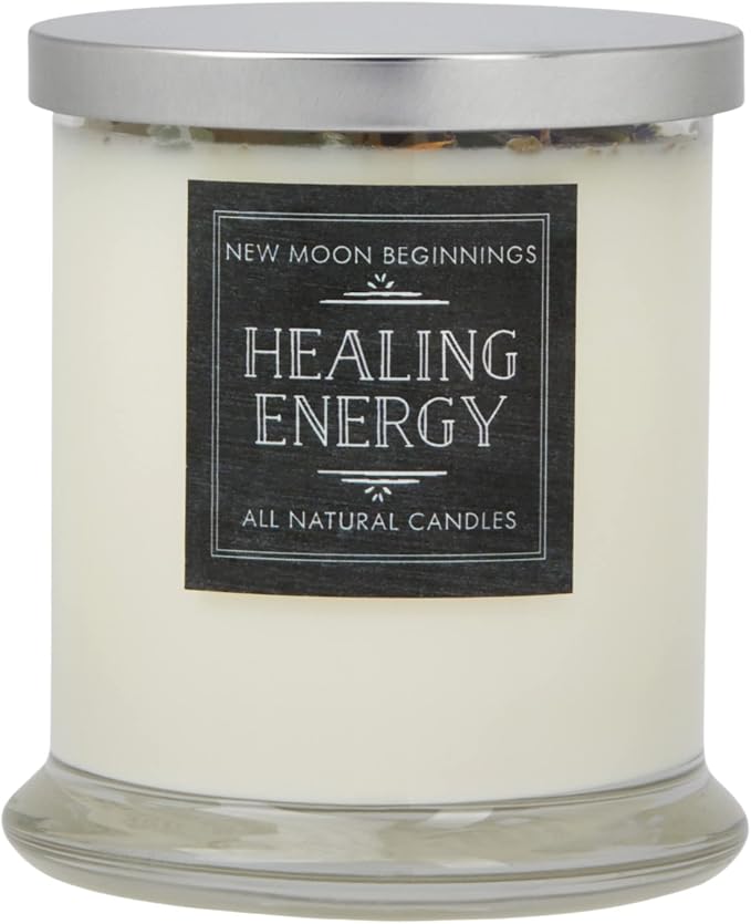 New Moon Beginnings Healing Candle - Negative Energy Cleansing - Soy Aromatherapy - Handmade with Crystals & Herbs - 12oz Glass Jar
