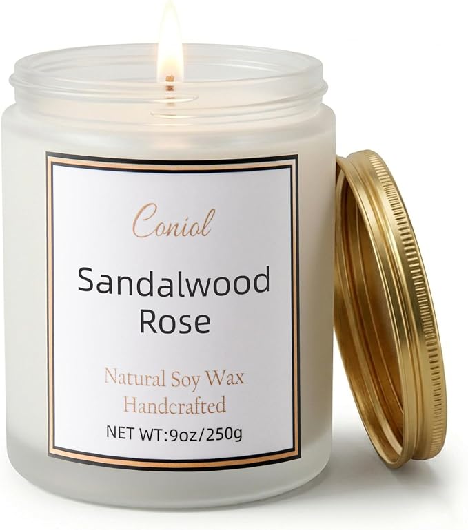 Sandalwood Rose Strong Scented Soy Candle for Home,Non Toxic Natural Aromatheraphy Candles,50H Long Burning Smokeless Jar Candel, Home Fragance Gift for Stress Relief,Relax for Women Men(9oz)