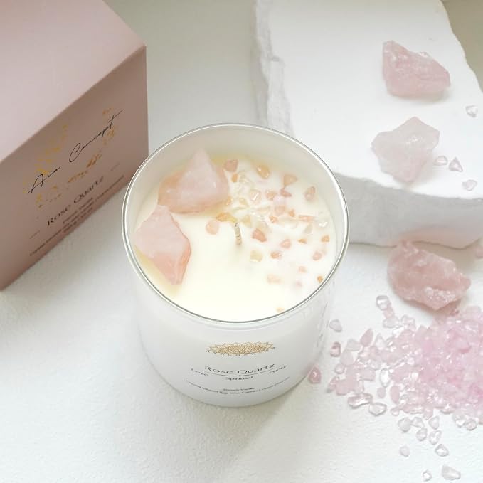 Rose Quartz Crystal Candle – 10oz / 280g | French Vanilla Aromatherapy | Hand-Poured Soy Wax | Genuine Rose Quartz Healing Crystals Embedded | Love, Spiritual & Purity | Gift Box Included