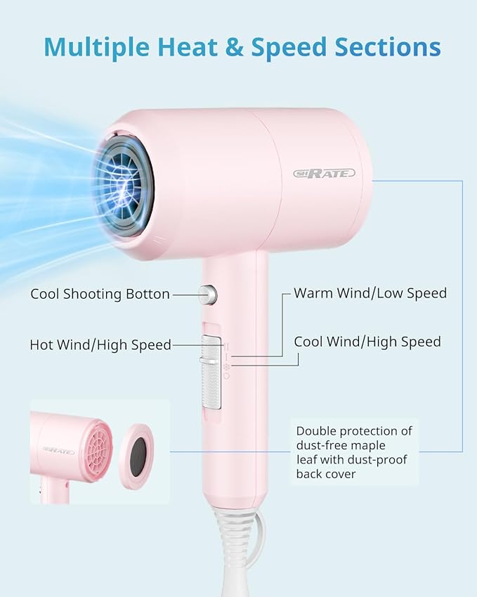 SHRATE Ionic Hair Dryer with Diffuser | Professional Blow Dryer for Curly, Frizzy & All Hair Types | Low Noise & Gentle for Sensitive Hair | Compact & Portable Design for Home, Travel, Women & Men