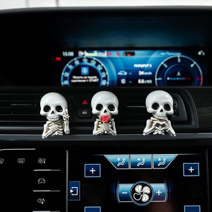 Set of 3 Halloween Skull Decor Cute Car Air Freshener Vent Clips, Resin Skeleton Holding Rose Car Diffuser Romantic Dashboard Decorations Auto Interior Accessories for Men Women