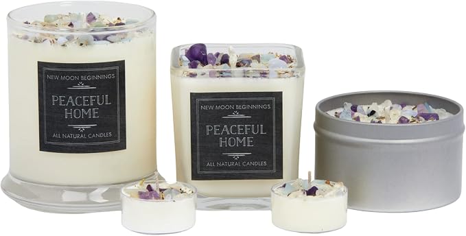 Peaceful Home® Candle by New Moon Beginnings - Stress Relief Candle - Energy clearing - All Natural Essential Oil Soy Candle - Crystal Candles (Peaceful Home, 8oz Tin)