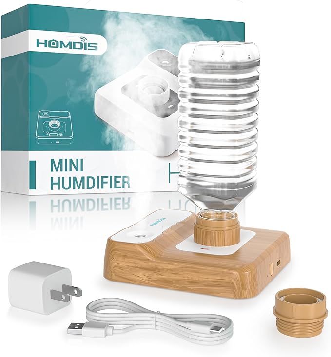 Travel Humidifier, Portable Humidifier for Plants, Bedroom, Office, Hotel or Car, 5000mAh Battery Operated Mini Cool Mist Humidifiers, Quiet 23dB, Auto-off, Night Light & BPA-Free, Wood Grain
