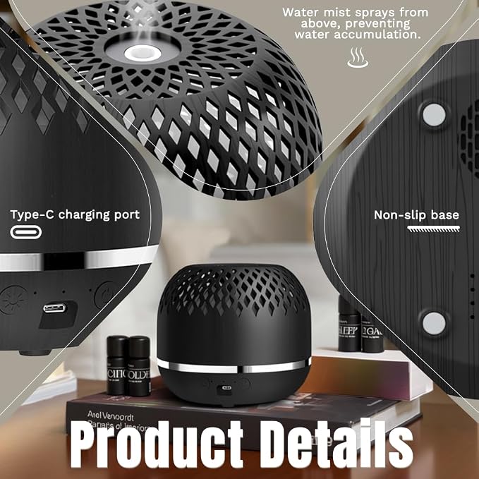 Essential Oil Diffuser 300ml for Home Bedroom, Aromatherapy Oil Diffuser with 3H 6H Timer, 7 Color Light, USB Type-C, Hollow Design, Auto Shut-Off(Dark Woodgrain, Openwork)