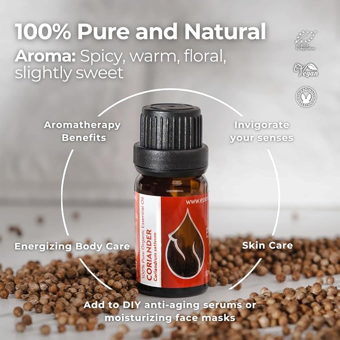 Essences Bulgaria Organic Coriander Essential Oil 1/3 Fl Oz | 10ml | Coriandrum sativum | 100% Pure and Natural | Undiluted | Therapeutic Grade | Family Owned Farm | Steam-Distilled | Non-GMO | Vegan