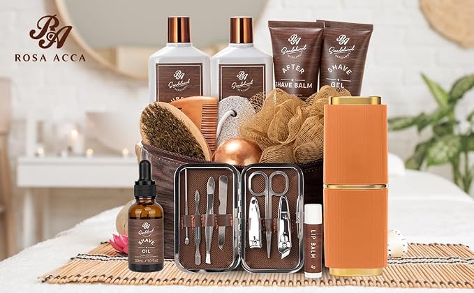 21 Pcs Sandalwood Bath & Body Care Gift Basket Set for Men, Father's Day Gifts for Dad, Men Skin Care Gift Set, Leather Bag, Home Spa Kit, Birthday,Anniversary, Christmas, Boyfriend