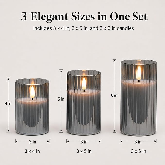ANGELLOONG Gray Flameless Candles with Remote, Battery Operated LED Pillar Candle Set with Timer, Ribbed Glass Real Wax Flickering Candles for Home Decor, Set of 3