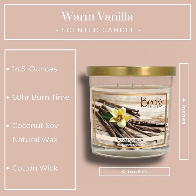 Warm Vanilla 3 Wick Candle, 14.5oz, Large, Traditional, White, Glass Jar, 4" H x 4" D, 60+ Hour Burn Time, Indoor Use, 1 Count