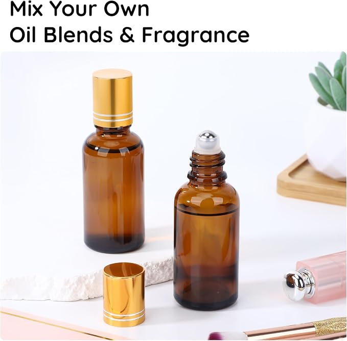 Segbeauty 1oz Thick Amber Glass Roller Ball Applicator, 5pcs Refillable Perfume Roller Bottles for Essential Oils, 30ml Travel Size Roll On Bottle for Eye Essence, Empty Rollerball Bottles for Oil