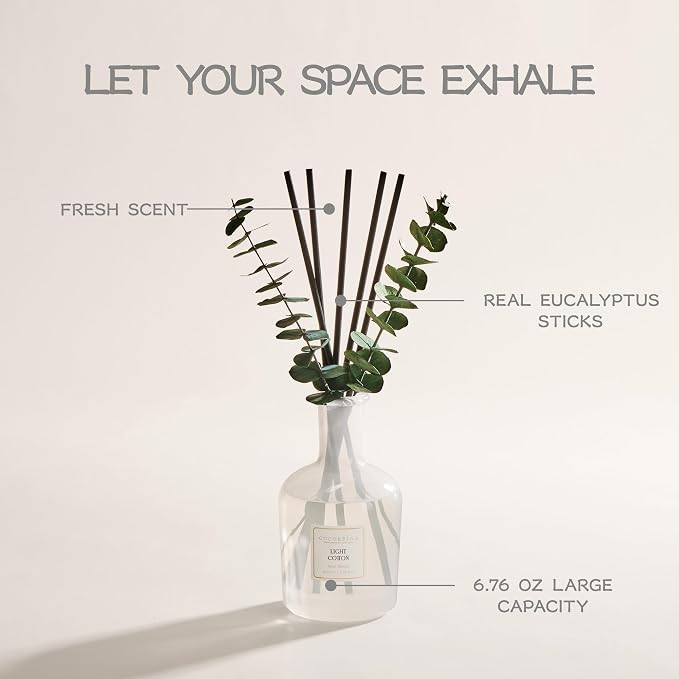 COCORRÍNA Light Cotton Reed Diffuser – 6.76 oz Essential Oil with 8 Reeds & Real Eucalyptus Sticks, Home Fragrance for Bedroom or Bathroom Décor