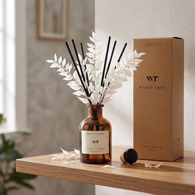 WEALD TRIBE Reed Diffuser Set for Bathroom Air Fresheners, Oil Diffuser Sticks | Hotel White Tea Scent 4.0 fl oz Home Fragrance with Sticks Defusers | House Bedroom Office Shelf Decor