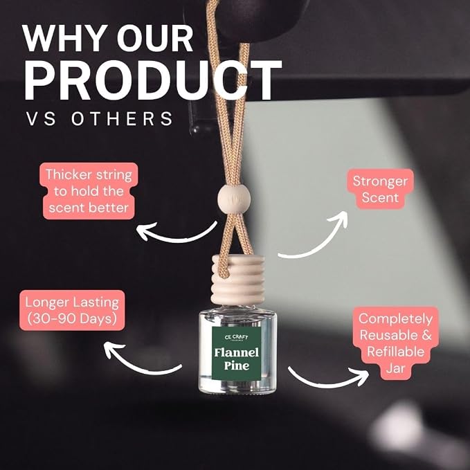 C&E Craft Co Hanging Car Air Freshener Diffuser 2 Pack, Long Lasting Fragrance Oil Car Freshener, Glass Bottle Auto Air Freshener, Made in USA (Flannel Pine)