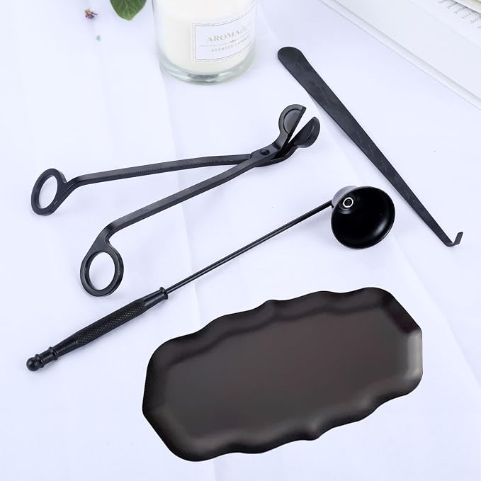 MUXSAM Candle Accessory Set Gift Box, Exquisite Wave Storage Tray Plate, Candle Wick Trimmer, Bell Candle Wick Snuffer, Candle Wick Dipper, 4-in-1 Candle Care Toll Kit for Scented Candle Lover, Black