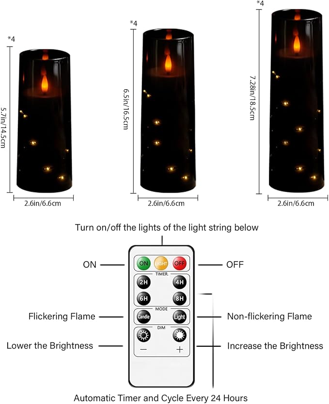 Sasigeiaa Flameless Candles with Embedded Star String - Battery Operated LED Candles, with Remote,12 Black Flickering Candles for Christmas, Weddings, Home Decor & Party,(D 2.3"×H 5" 6" 7")