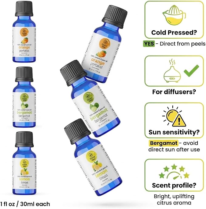 Citrus Essential Oils Set – Orange, Bergamot & Lemon, Cold Pressed Citrus Bergamot Oils for Diffuser, 100% Pure Undiluted, 1 fl oz Each, 3-Pack