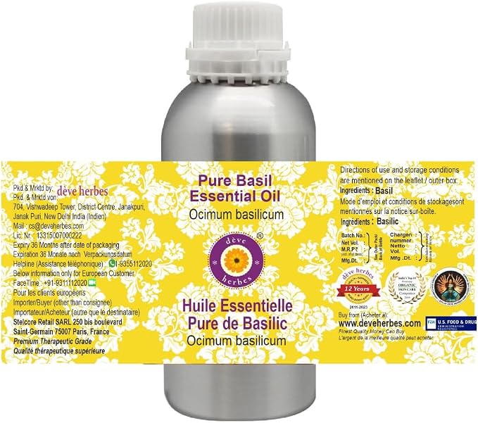 Deve Herbes Pure Basil Essential Oil (Ocimum basilicum) Steam Distilled 1250ml (42 oz)