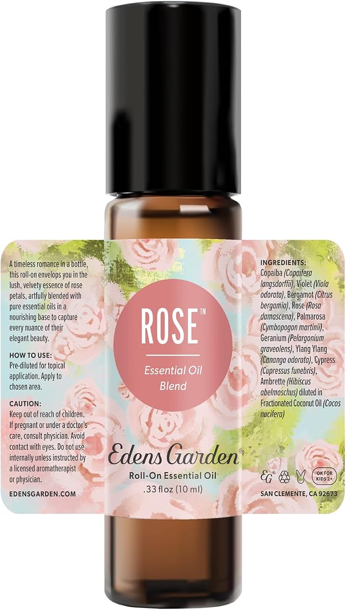 Edens Garden Rose Essential Oil Roll-On – Pre-Diluted Floral Blend, 100% Pure Aromatherapy & Natural Perfume for Romance & Self-Care, Skin Safe, 10 ml (.33 fl oz)