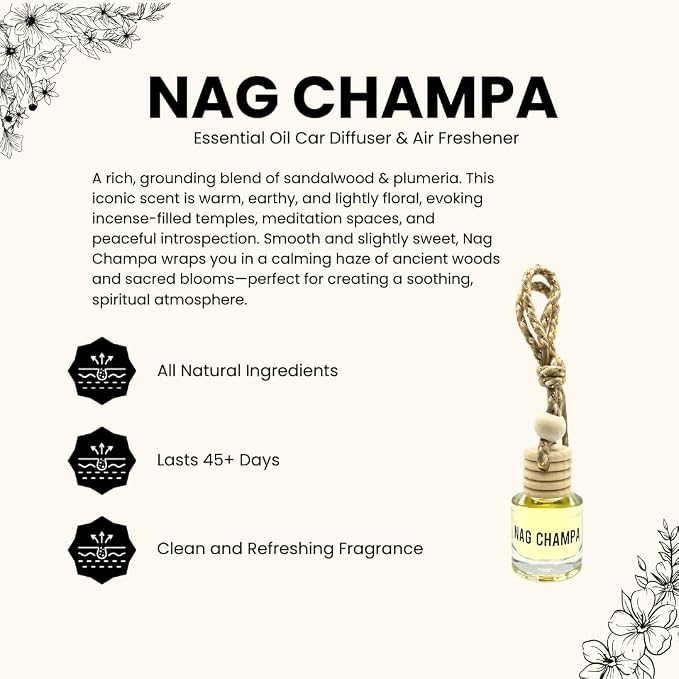 Nag Champa Car Air Freshener – Hanging Essential Oil Diffuser for Car, Closet, or Sacred Space – Long-Lasting Natural Aroma, 2-Pack Spiritual Deodorizer