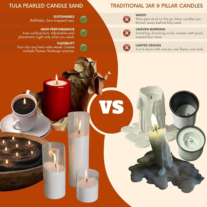 Tula Pearled Candle – 18 oz Pearled Candles Sand and 20 Wicks Kit – Plant-Based Pearled Wax – No Paraffin and Pet-Friendly – Unscented Refillable Candle Pearls – Long-Lasting Black Sand Refill