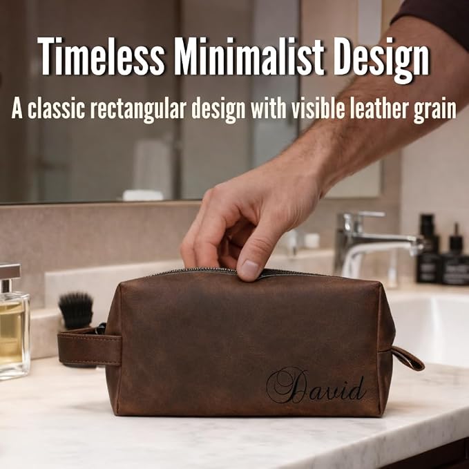 Personalized Handmade Genuine Leather Toiletry Bag | Custom Engraved Shaving Dopp Kit with Name, Initial | Travel Pouch for Men, Him, Husband, Dad, Boyfriend | Gift Idea for Groomsmen