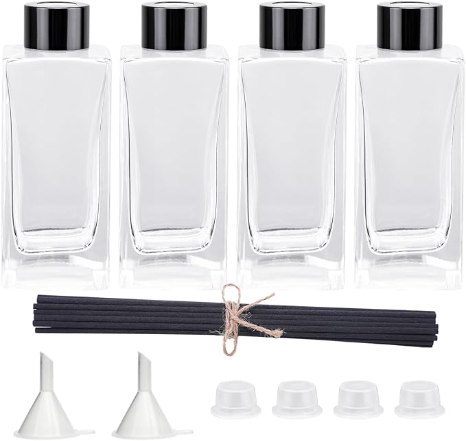 4PCS Empty Glass Fragrance Reed Diffuser Bottles, Refillable Diffuser Bottles with 20pcs Reeds Sticks & Black Caps & Funnel, Diffuser Jars for Home Oil Fragrance Decoration (200ML)