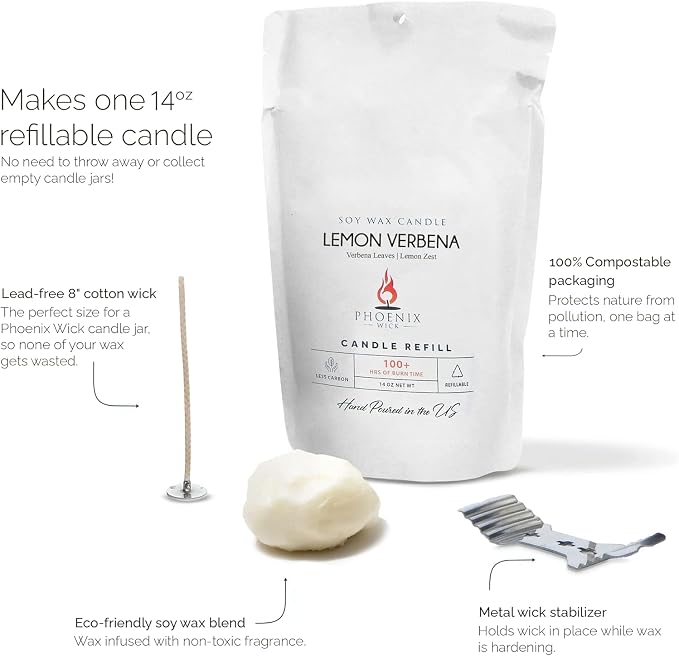 Phoenix Wick Candle Making Kit - New Soy Wax & Wick for Your Luxury 14oz Candle Jar - Adds 100 Hours Burn Time (Lemon Verbena)