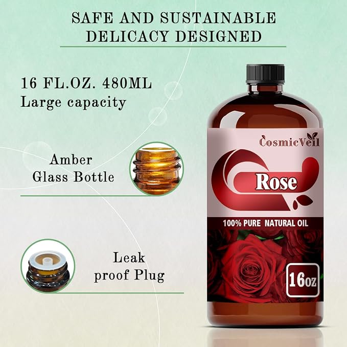 Rose Essential Oil Rose Oil for Aroma Diffuser,Humidifier,Home Fragrance,Cleaning,Body Care,Massage,Yoga,DIY Candle,DIY Soap CosmicVeil（Rose，16 Fl Oz (Pack of 1)）