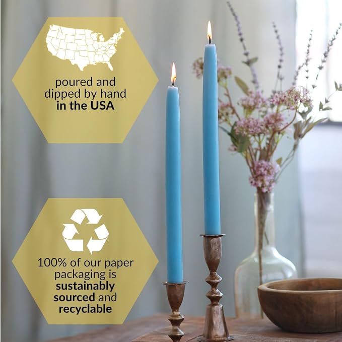 Big Dipper Wax Works Sky Blue Hand-Dipped Beeswax Taper Candles – 12” x 7/8”, 2-Pack, 100% Pure Beeswax, Long Burning, Clean, Cotton Wick, Handmade in USA, Home Décor & Wedding Candles